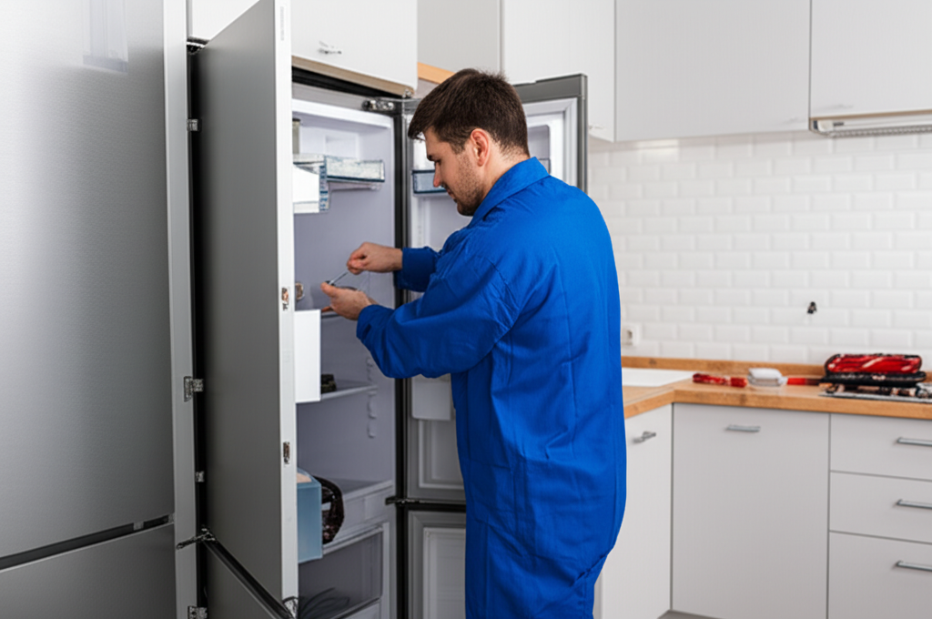Refrigerator repair technician working on a fridge